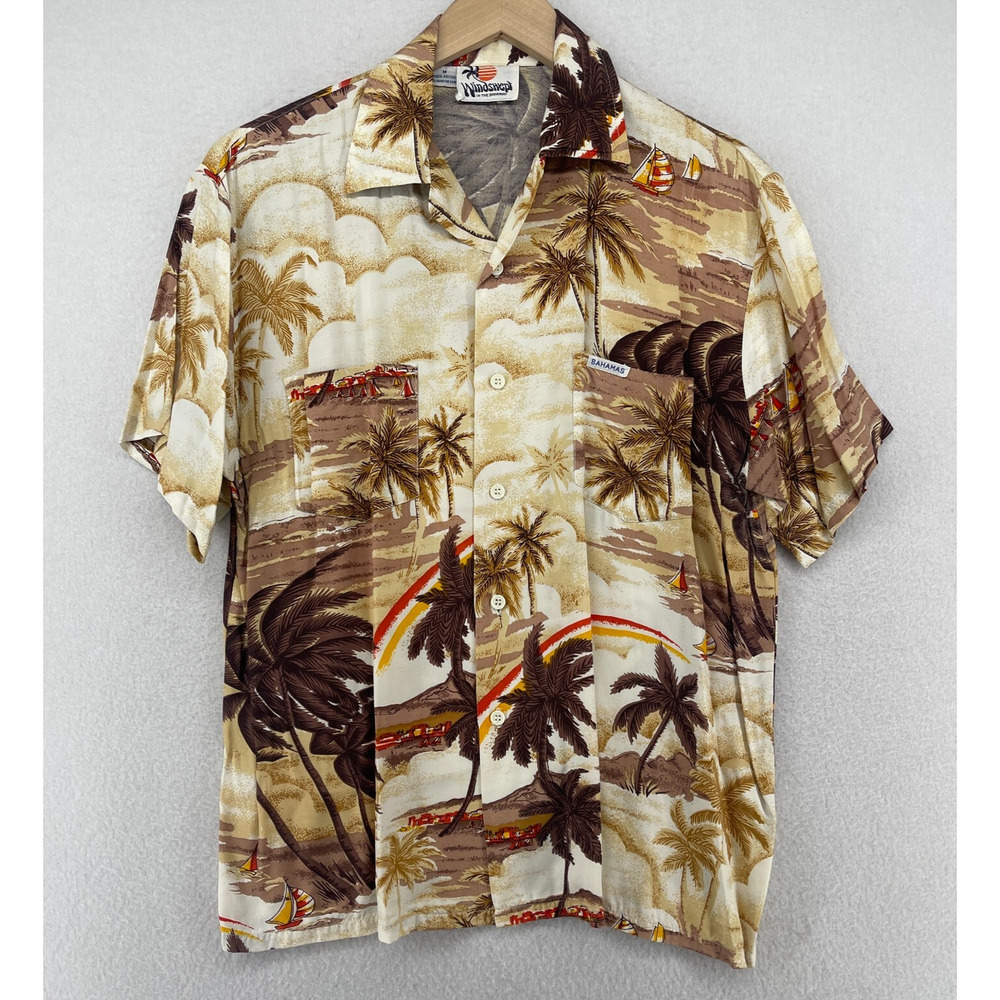 WINDSWEPT in the BAHAMAS Shirt Mens M Hawaiian Palm Tree Camp Short Sleeve Brown
